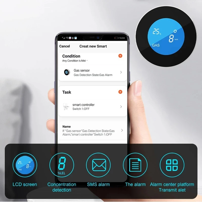 Cozinha Gás Natural Leak Alarm Sensor, Sensor de Temperatura, Display Digital LCD, Som Siren, Wi-Fi, Tuya Função App, Hot, TTKK