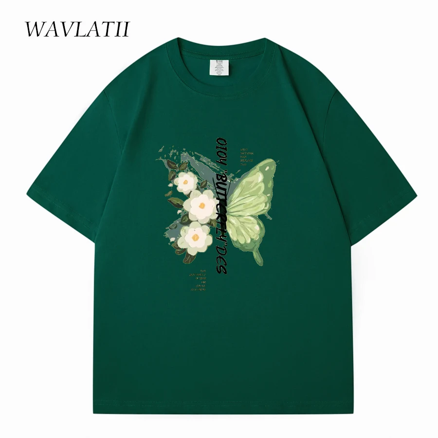 WAVLATII New Women BV Green 100% Cotton T shirts Female Butterfly Printed High Street Tees Lady Casual Short Sleeve Tops