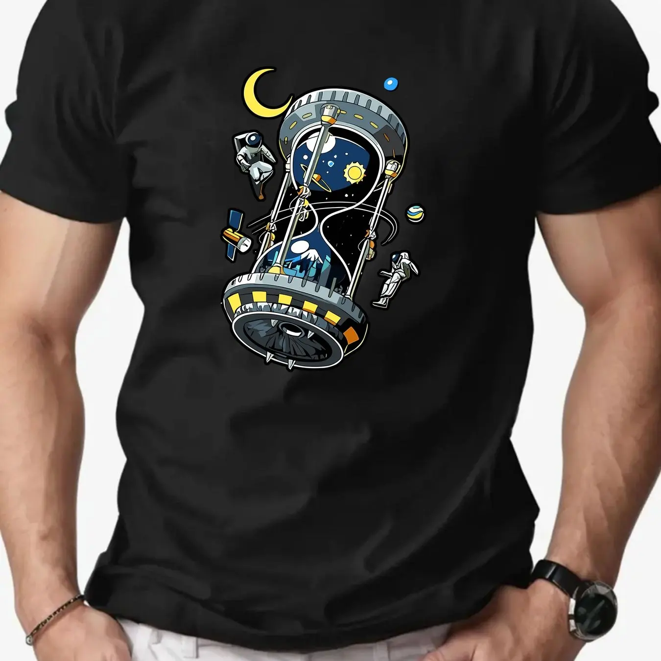 Men Space Timer Graphic T-Shirt Vibrant Yellow Casual Short Sleeve Tee with Astronaut  Planet Design Summer Round Neck Top