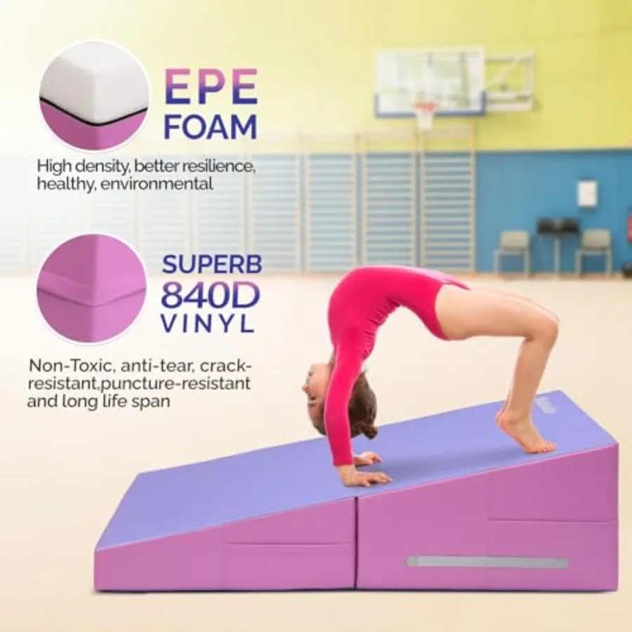 Home training gymnastics mat: incline cheese wedge EVA foam blue foldable for kids and girls