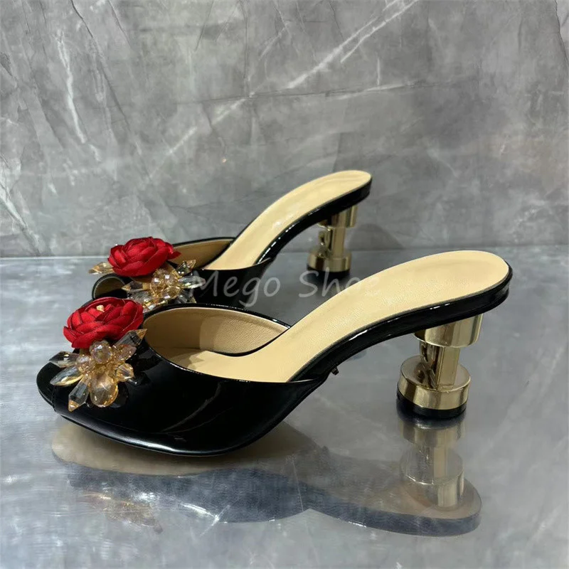 Spitze Peep Toe High Heels Hausschuhe für Frauen neue Mode Marke Design rote Rose Blume Dekor geformte Ferse halbe Schuhe Dame Größe 43