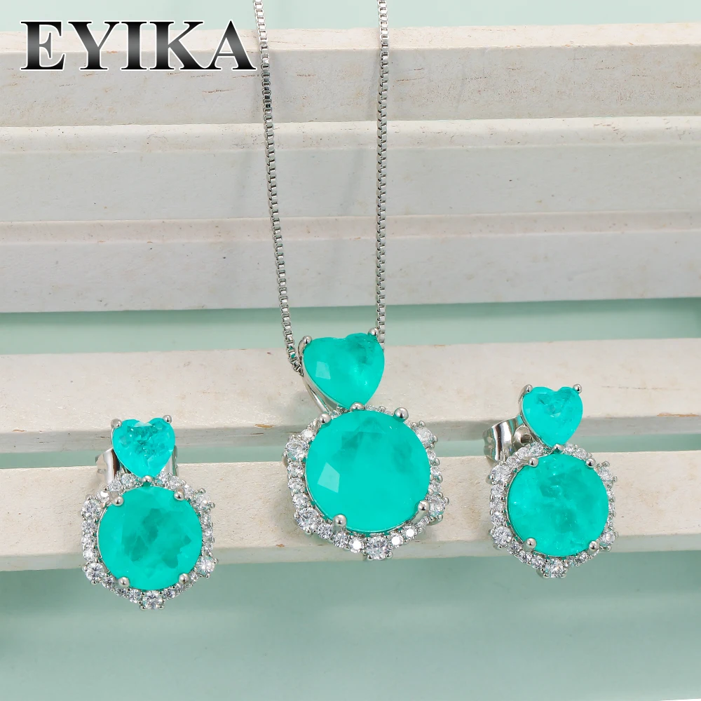 

EYIKA Romantic Heart Blue Paraiba Green Fusion Stone Zircon Necklace Earring Jewelry Set Women Wedding Engagement Valentine Gift