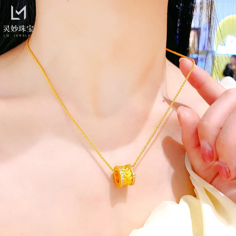 New ancient method 24K real gold point diamond wheat ear passepartout pendant necklace 9999 transfer bead clavicle chain  gift