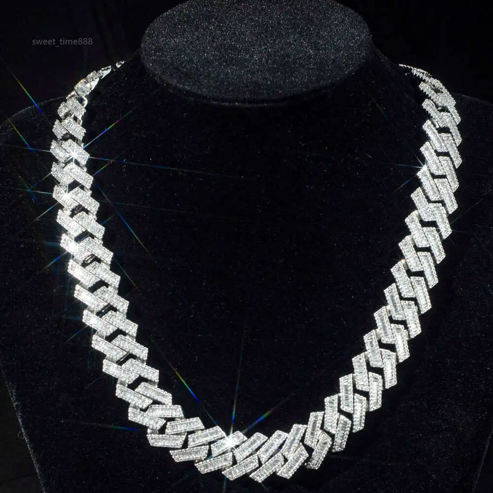 15mm Vvs Moissanite Cuban Link Chain Necklace Custom Iced Baguette Straight Line Cuban Chain Hip Hop 925 Silver Jewelry