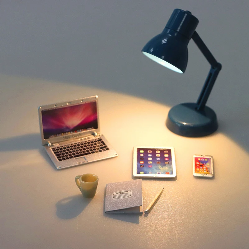 1:12 Dollhouse Miniature Laptop Phone Tablet Desk Lamp Pencil Book Cup Desk Set Model Home Decor Toy Doll House Accessories