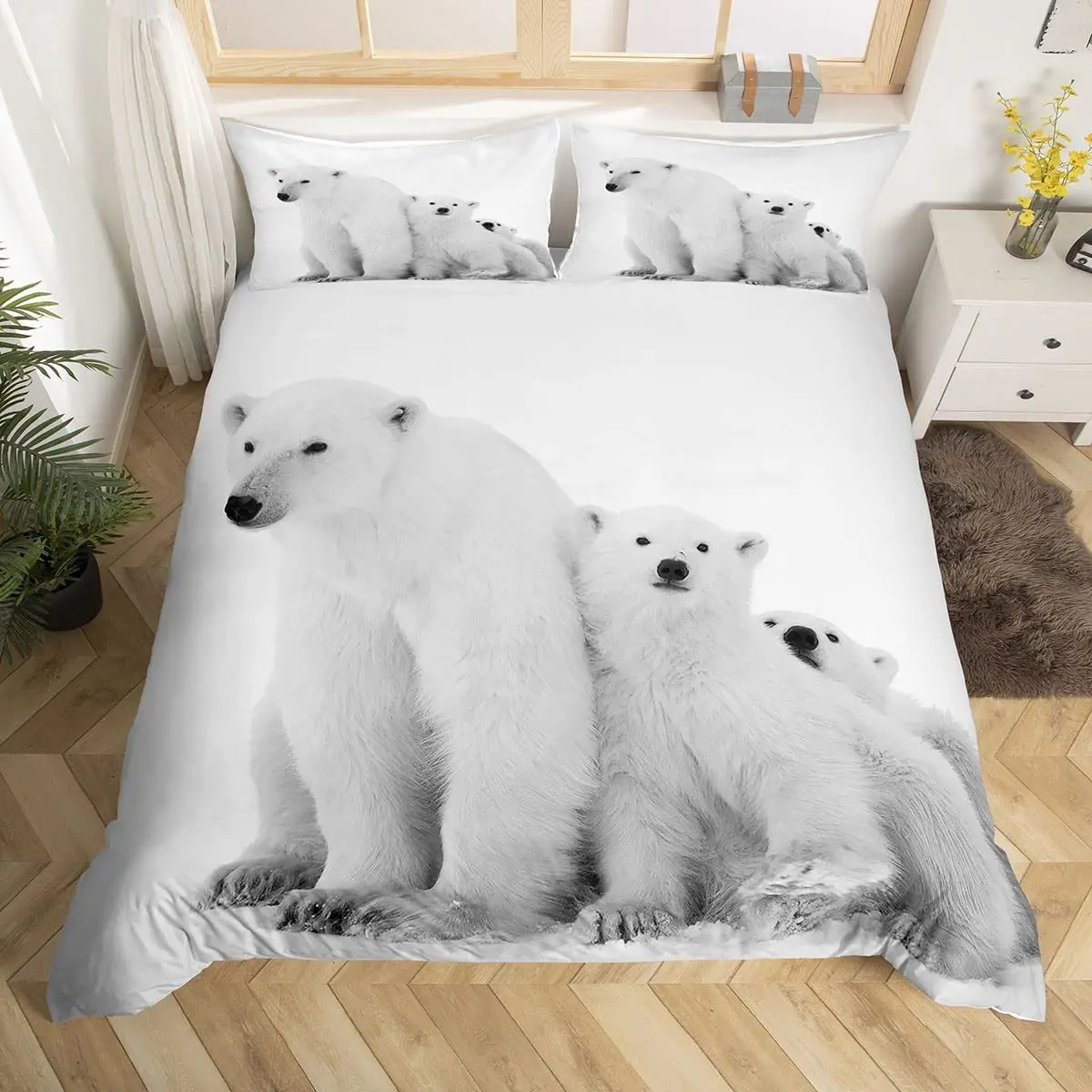 Polar Bear Duvet Cover Set King Queen Full Size Polyester Comforter Cover for Kids Boys Girls Wild Animals Pattern Bedding Set