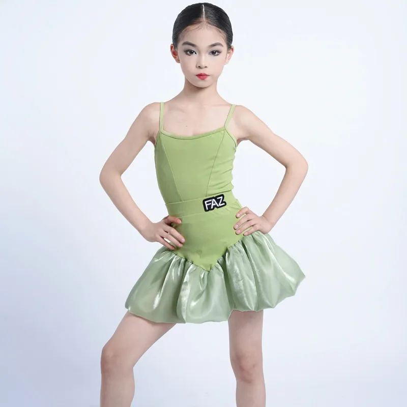 Kids Green Spaghetti Strap Puff Tulle Latin Dance Dress Cha Cha Rumba Ballroom Training Daily Class Stage Competition Dancewear view 6
