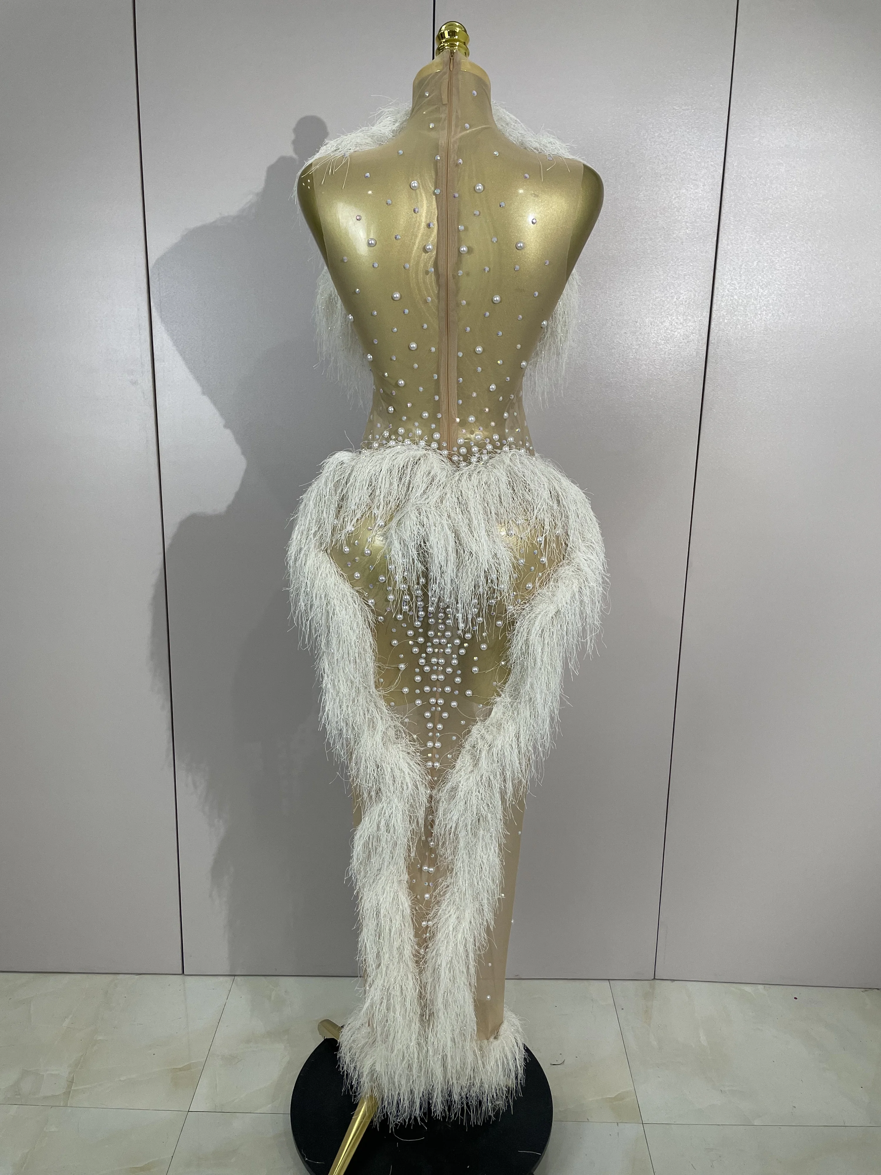 2026 New Sparkly Pearl Tassel Mesh See Through Long Dress Women Sexy Luxury Birthday Prom Party Nightclub Singer Stage Costume - Image 3
