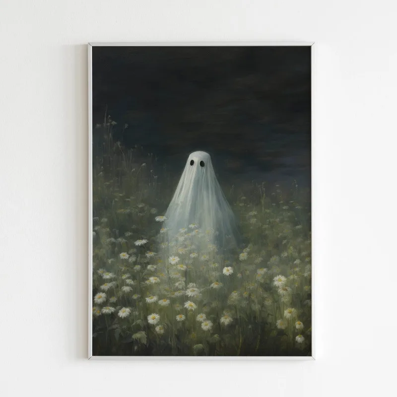 Vintage Ghost in Daisy Flower Field Wall Art Print, Dark Moody Spooky Ghost Gothic Halloween Home Decor Unframed Canvas Painting