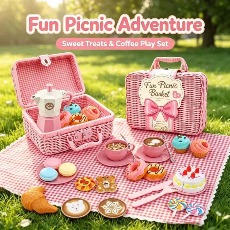 小さな女の子は、ピクニックバスケットのティーパーティーセット（コーヒーメーカー、クッキー、ケーキ、ゲームフードを含む）で遊ぶふりをしています。