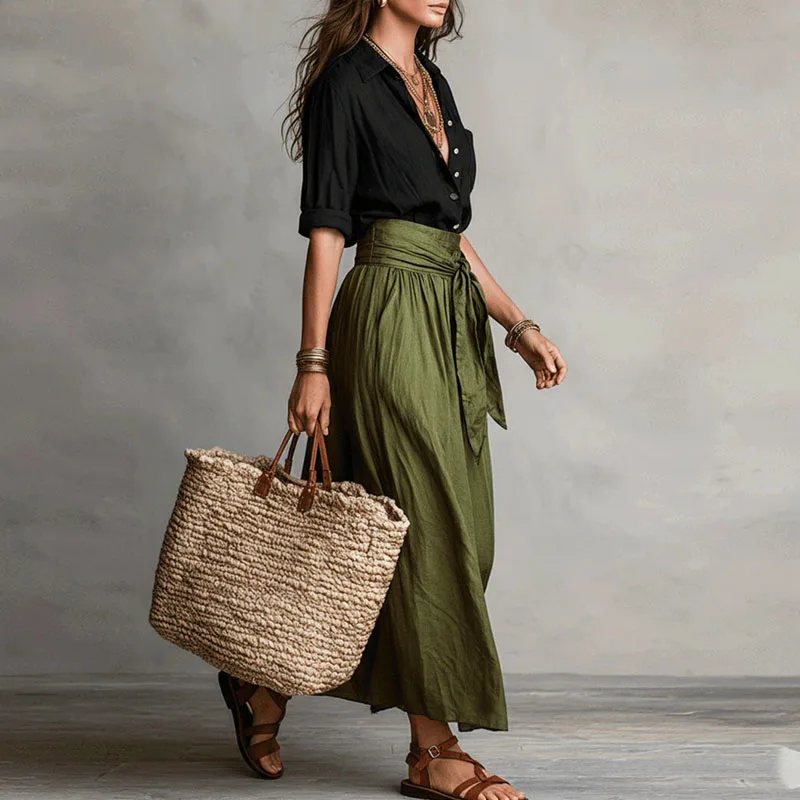 2026 Spring Summer Solid Women's Suit Casual Button Lapel Top T-shirt And Tie Waist Bowknot Skirt Sets Long Sleeve Office Outfit image 2