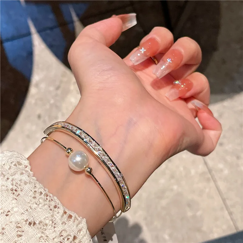 CC Vintage Bracelets Double Layer 14K Gold Color Imitation Pearl White Zirconia Open Bangle Temperament Women Accessories J664 image 3