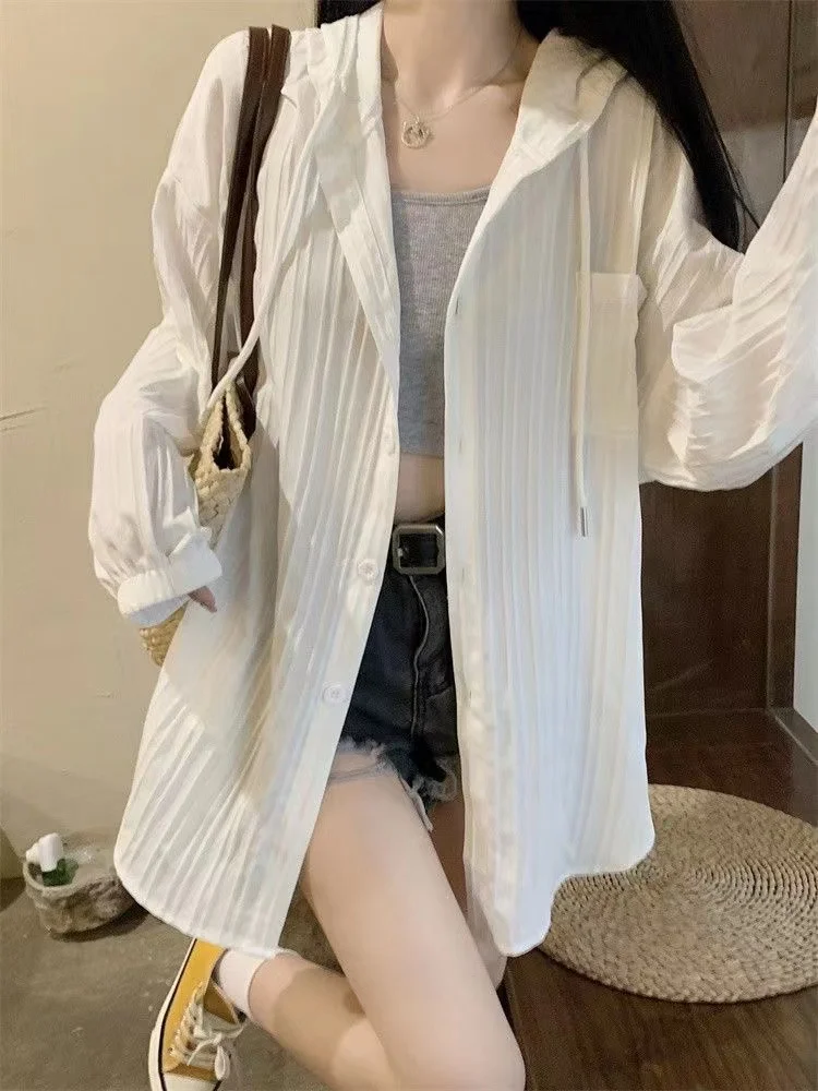 Women's Solid Oversize Hooded Sun Proof Shirts Korean Fashion Casual Long Sleeve Pocket Blouse Summer Loose Coats Tops Female