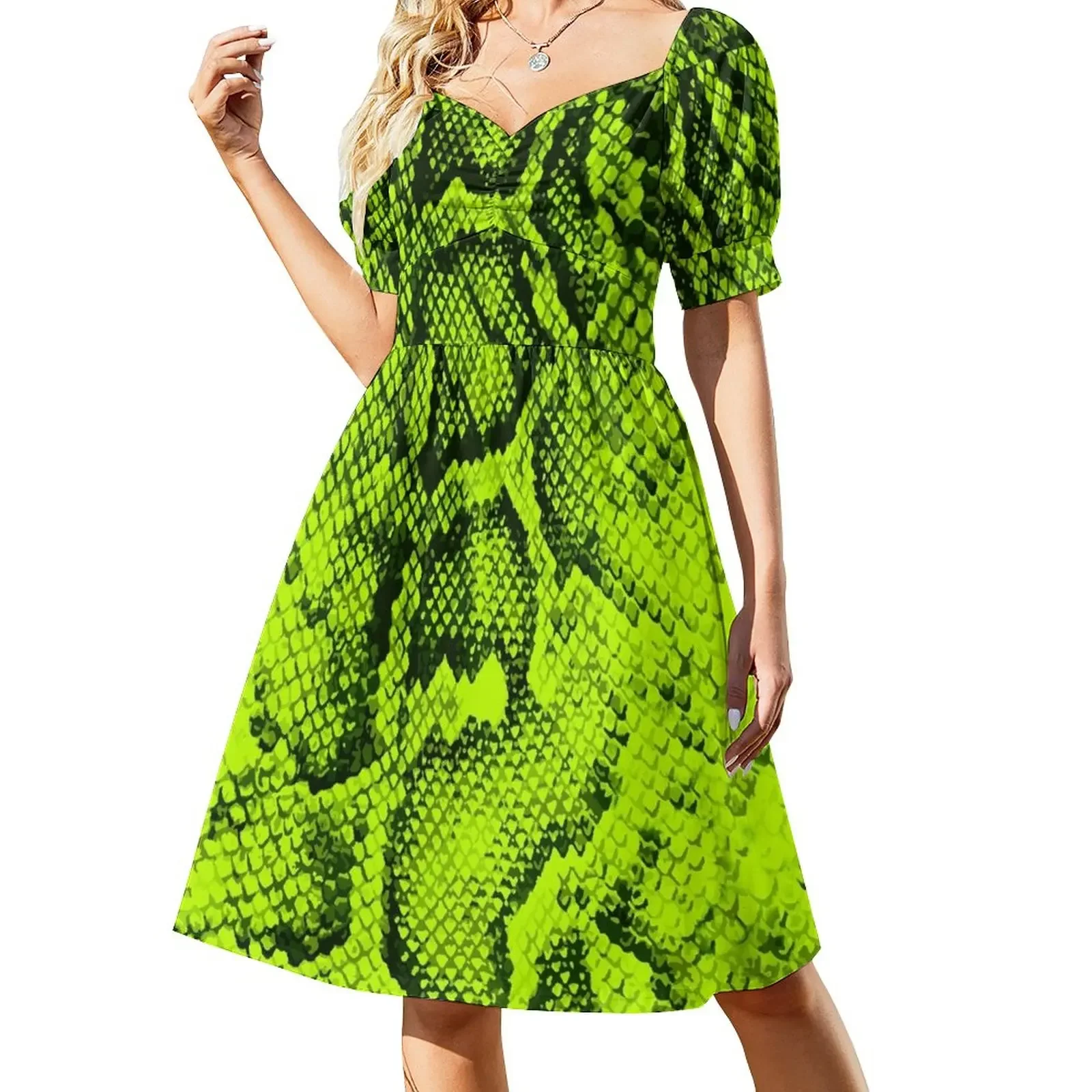 

Lime Snakeskin Short-Sleeved Dress dress party evening elegant luxury celebrity dress women summer 2025