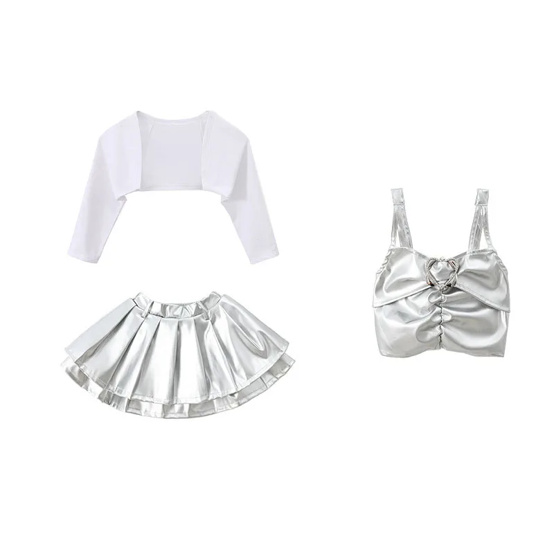 Kid Cool Silver Hip Hop Clothing Sequin Crop Camisole Tank Cardigan Top Pleated Mini Skirt for Girls Jazz Dance Costumes Clothes