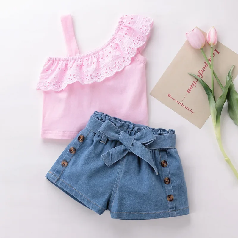 

New Summer Kids Clothes Sets Girls Solid Lace Patchwork One-shoulder Sleeveless T-shirt Top + Denim Shorts Children Clothing