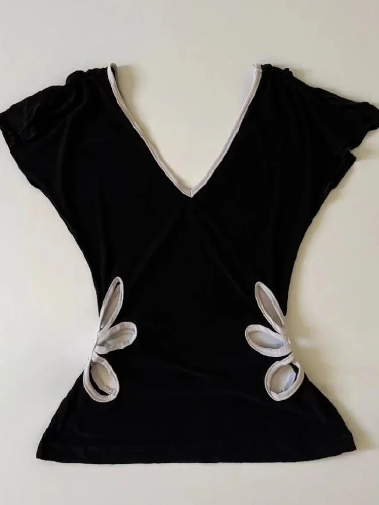 تي شيرت هاراجوكو عتيق برقبة على شكل V بدون ظهر تي شيرت نسائي صيفي غير رسمي من الجرونج تي شيرت نسائي مرقع Y2k تي شيرت قصير ثقافة فرعية أنيق #1