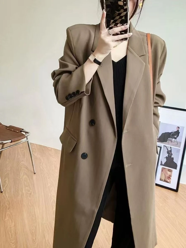 Chaqueta de traje larga informal holgada con una hilera de botones para mujer, gabardina negra de primera calidad para primavera y otoño, elegante, 2025