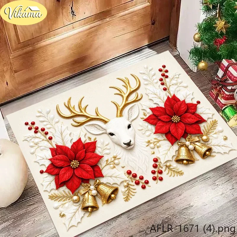 VIKAMA 3D Deer Head Poinsettia Bell Christmas Christmas Welcome Rug Entryway Mat Non Slip Front Door Outdoor Decorations