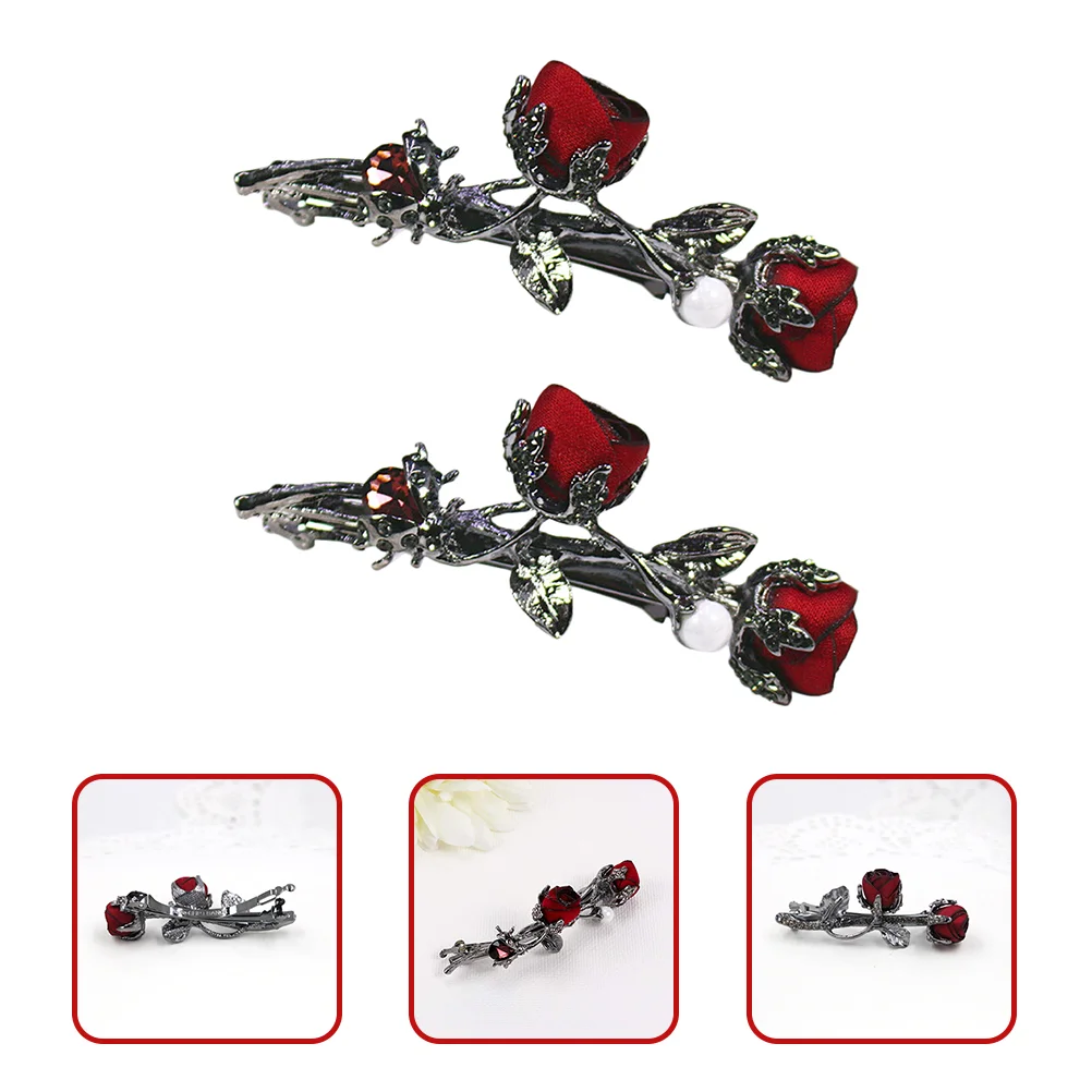 2 Pcs Rose Barrettes Butterfly Hair Stick Accessories Hairpins for Clips Trend Vintage Bride Floral Wedding French