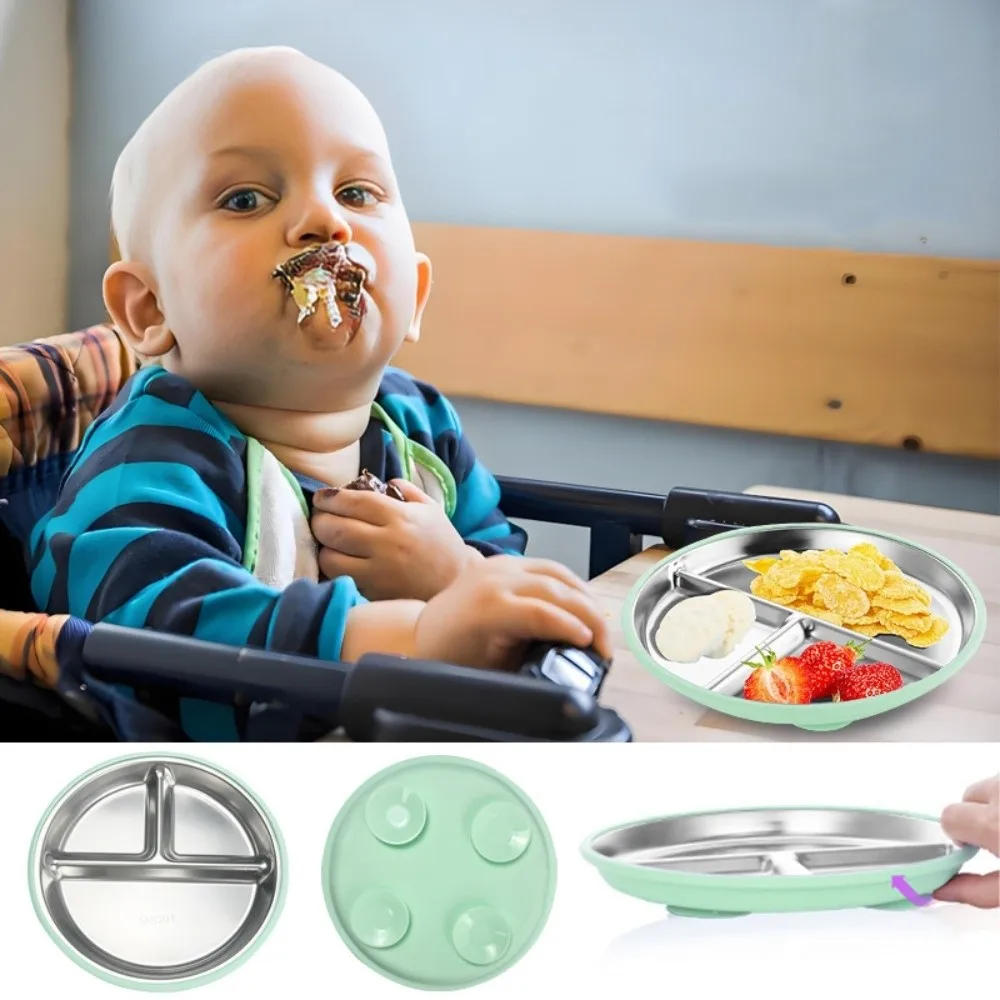 

Divided Design Suction Cup Kids Plates 304 Stainless Steel Safe Material Baby Sucker Dining Plate Non-Slip Silicone Shell