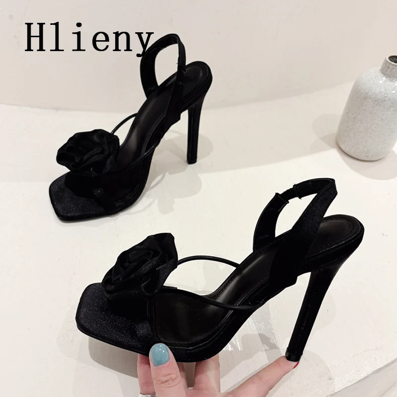 Hlieny Summer Sexy Silk Flower Back Strap Sandals Woman Fashion Square Toe Stiletto High Heels Banquet Wedding Party Pumps Shoes