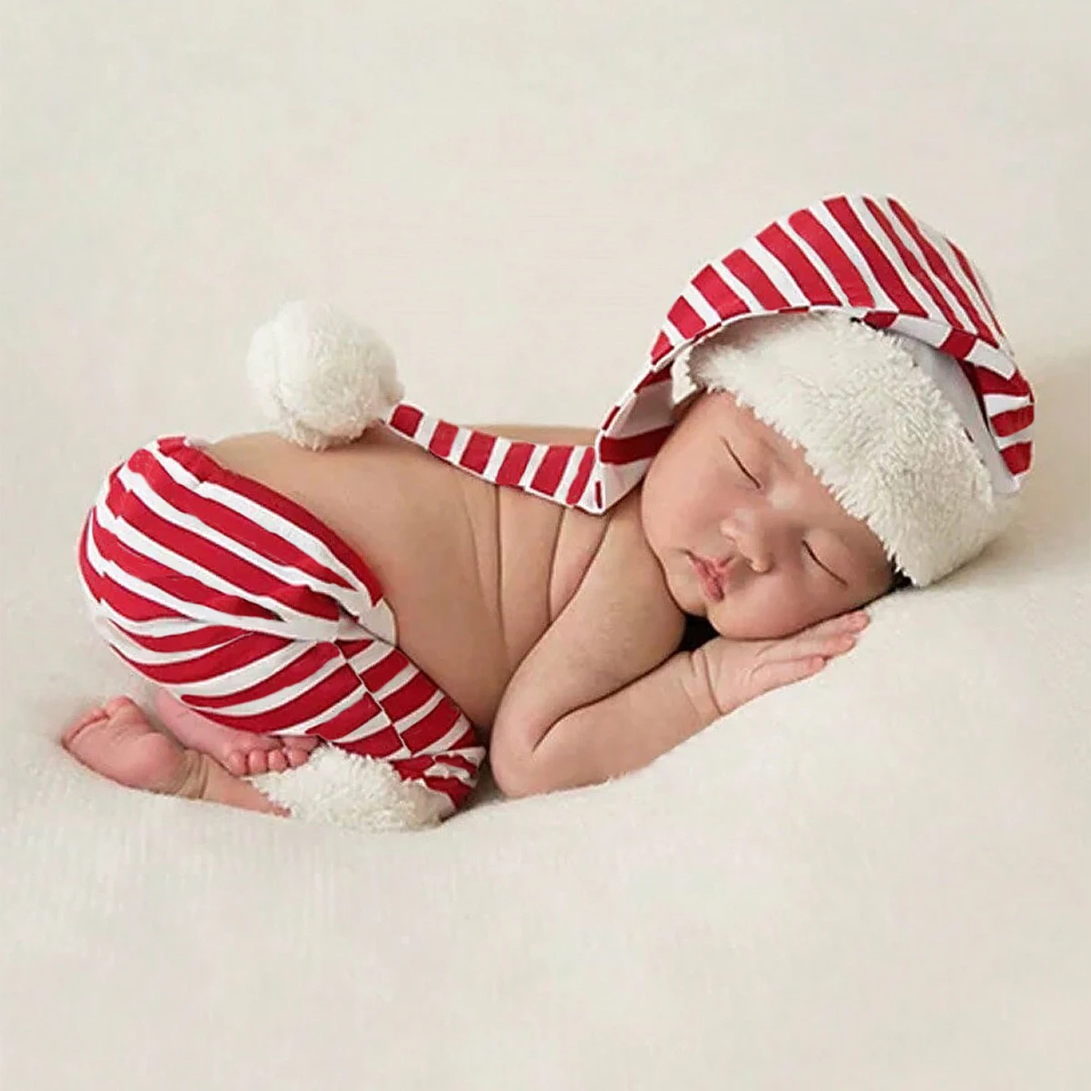 Ylsteed Newborn Christmas Outfit for Pictures Studio Photoshoot Props Striped Pompom Hat and Pants Set Baby Boy Picture Prop