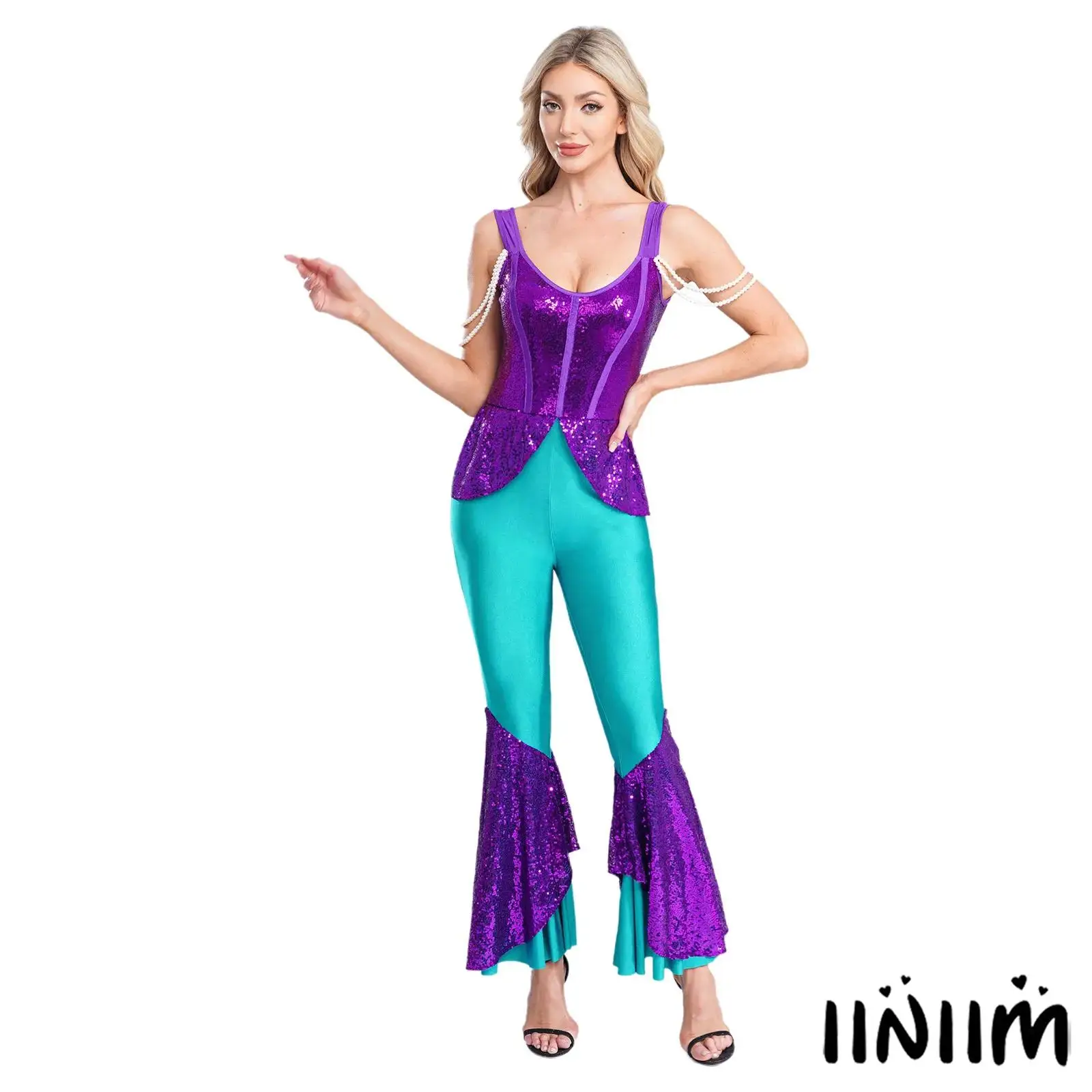 

Womens Halloween Mermaid Jumpsuit Faux Pearl Chains on Arms Patchwork Bell Bottom Pants Bodysuit for Ocean Themed Party Dress-up