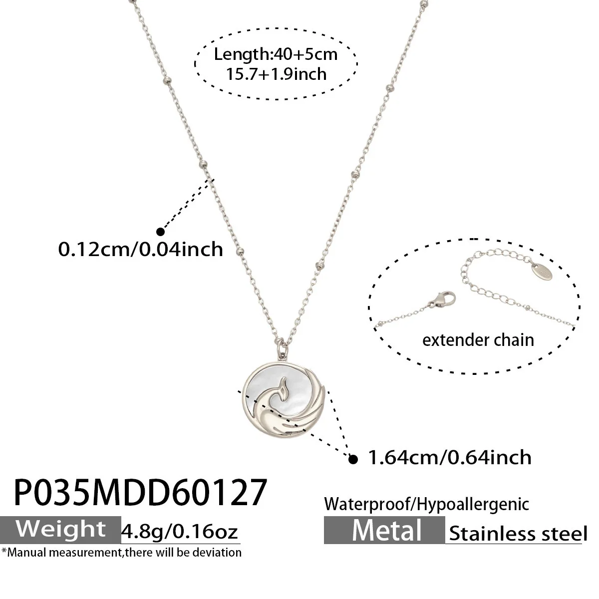Stainless Steel 18K Gold Plated Mother of Pearl Necklace Vintage Embossed Phoenix Coin Medallion Pendant Women Jewelry - view 6