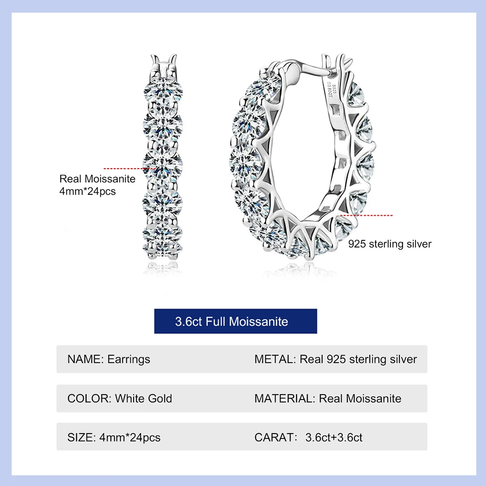 Hoops 4mm Full Moissanite Earrings for Women Original Certified 925 Silver 3.6ct Diamond Earring Plated 18K Gold Luxury Jewelry