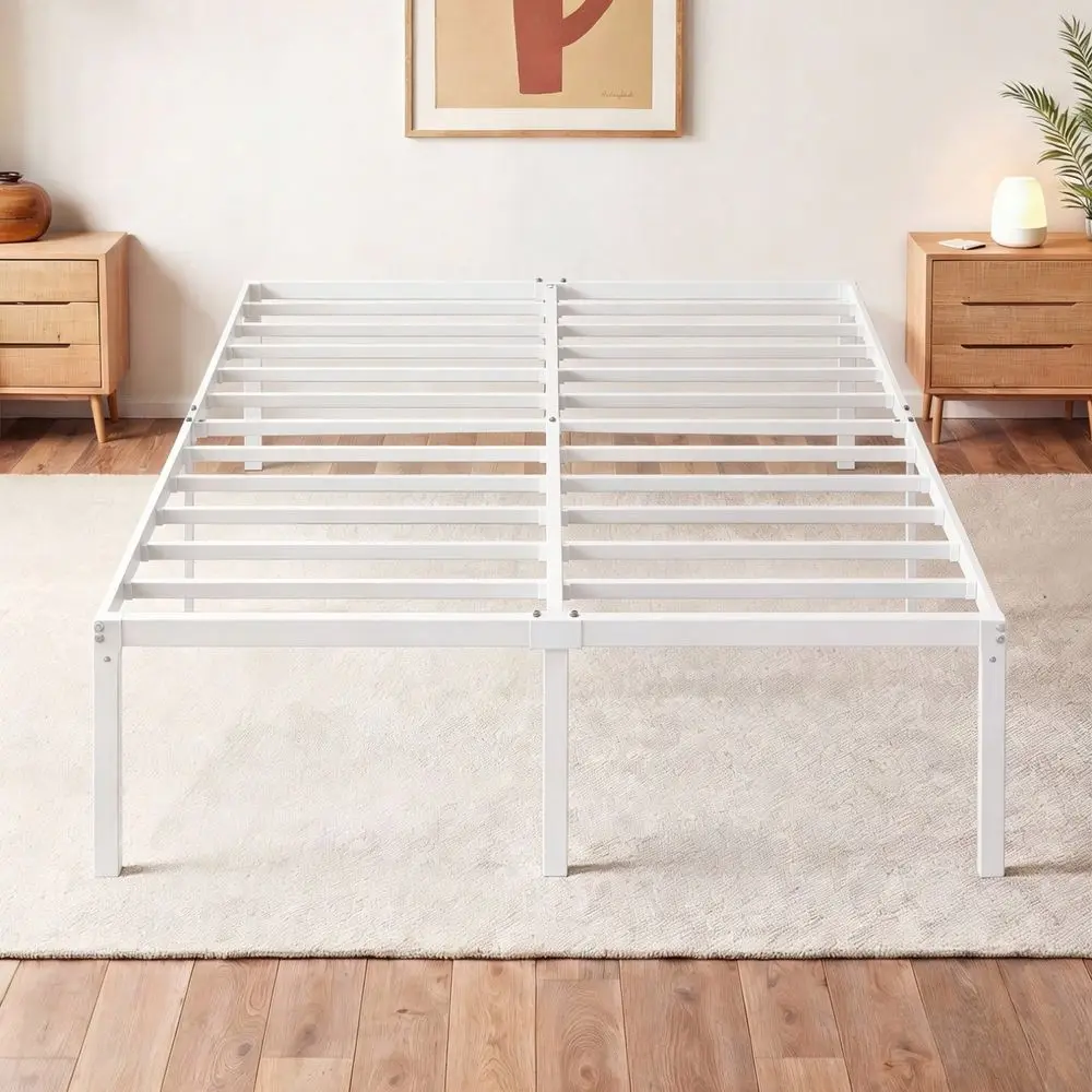 

Twin Full Queen King Size Bed Frame, White, 18 In Metal Platform Bed With Heavy Duty Steel Slat Support, UnderBed Storage Space