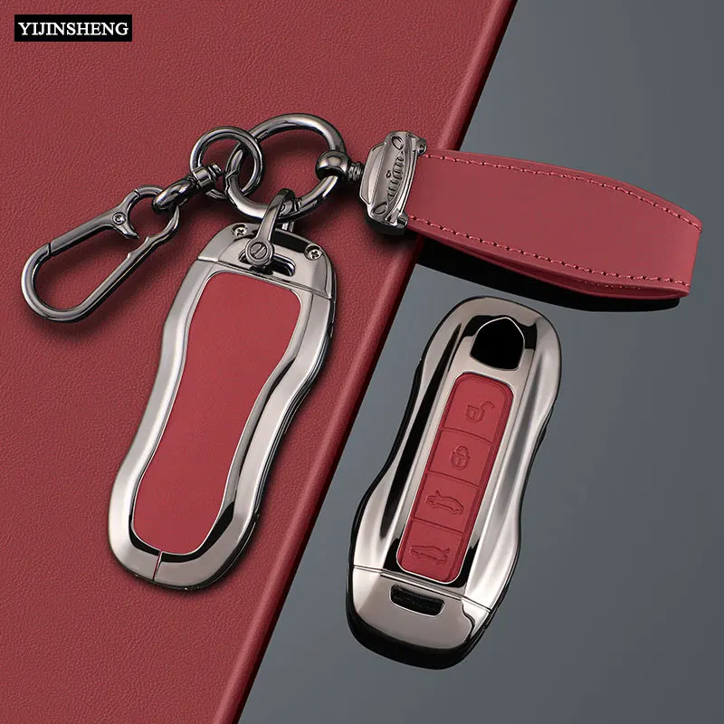 Aleación de Zinc + cuero PU funda para llave de coche llavero para Porsche Panamera Spyder Carrera Macan Boxster Cayman Cayenne 911 970 981