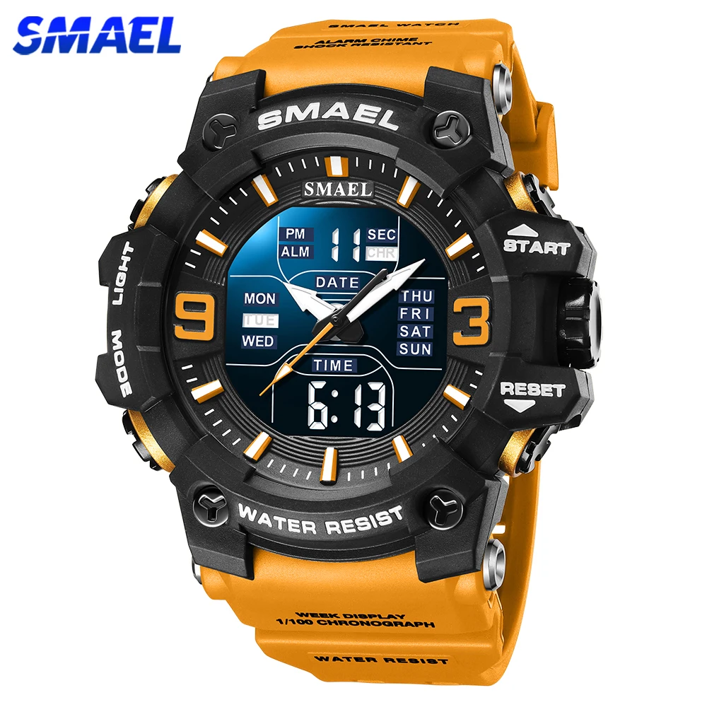 SAMEL Watch for Men Orange Dual Time Display Sport Wristwatch Stopwatch Alarm Army Military LED Digital Back Light Male Clock