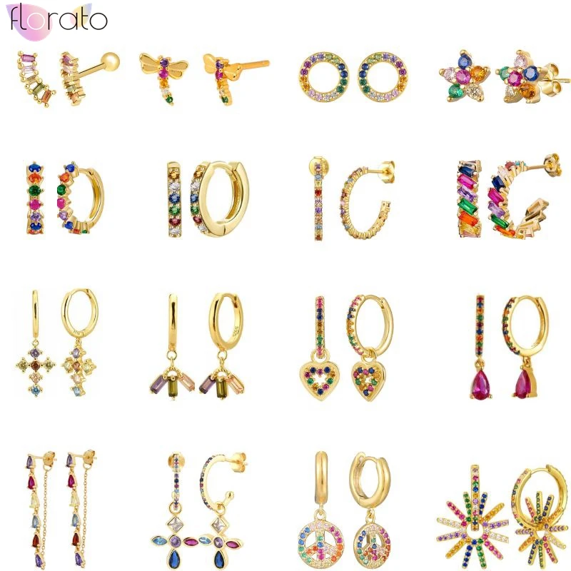 

925 Sterling Silver Needle Rainbow Series Hoop Earrings for Women 2022 Trendy Crystal Pendientes Wedding Gifts Jewelry Earrings