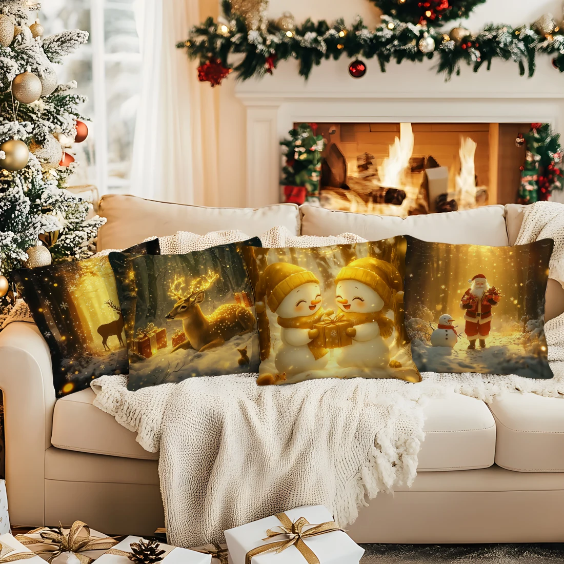 

Golden Christmas Elk Cushions Pillowcase Polyester Cushion Cover Throw Pillow Pillowcover Home room Sofa Decor