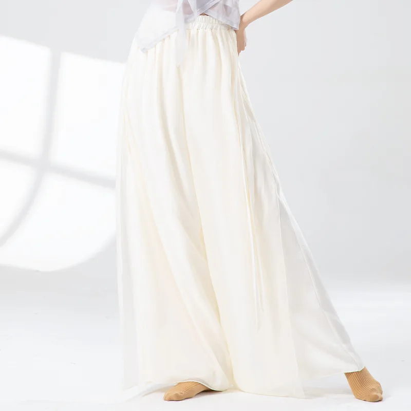 Classical Dance Pants Loose Chiffon Skirt for Women Double-layer Patchwork Ethereal and Flowing with Ribbons Wide-leg Pants
