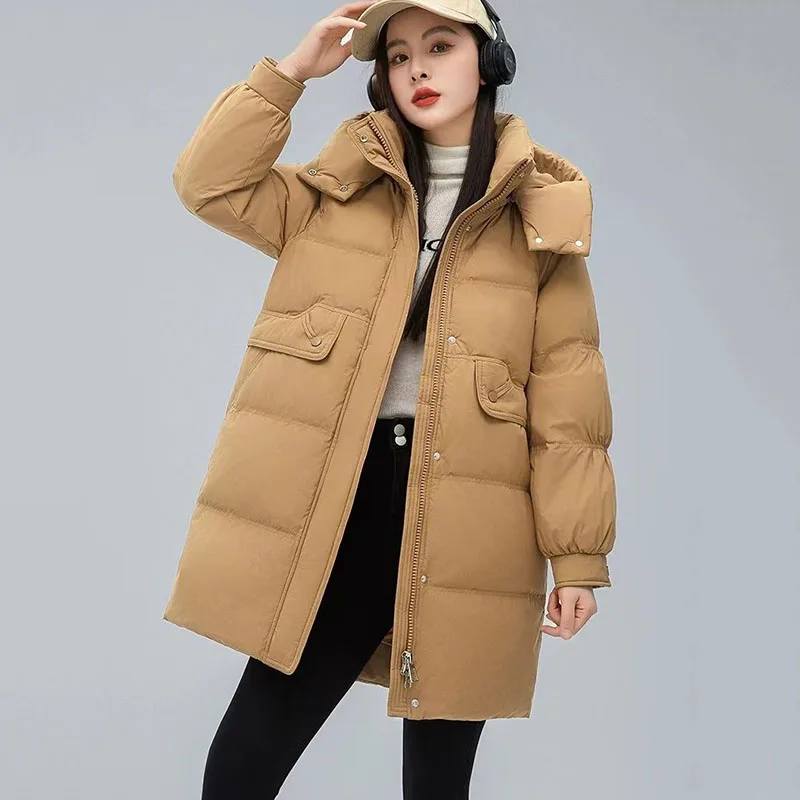 

Women's Thick Warm Padded Down Cotton Coat, Long Fashion, Detachable Hooded Parker Overcoat, New Quality, Black, Winter