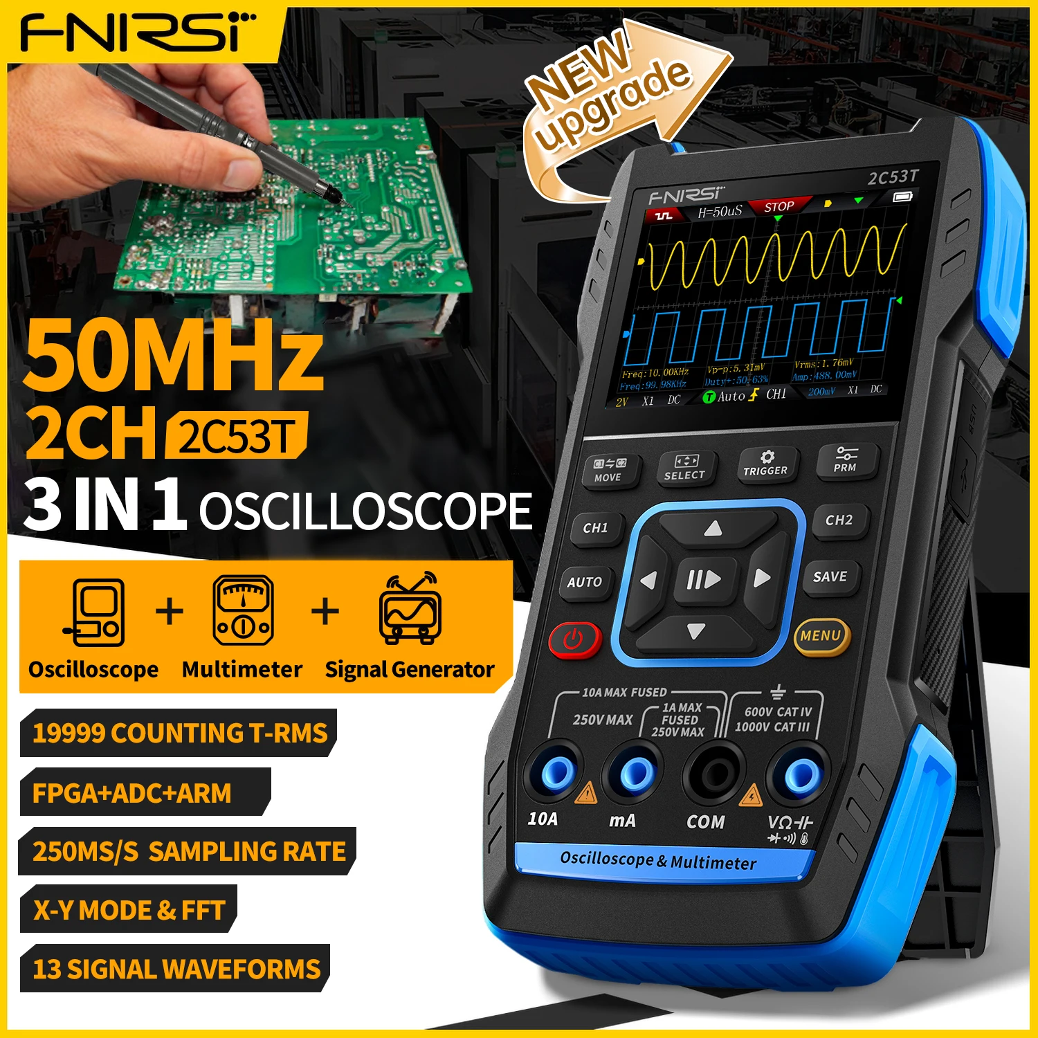 FNIRSI 2C53T 2C23T Upgrade Digital Oscilloscope Multimeter Signal Generator 3in1 50MHz Bandwidth 250MS 2 Channel 20000 Counts