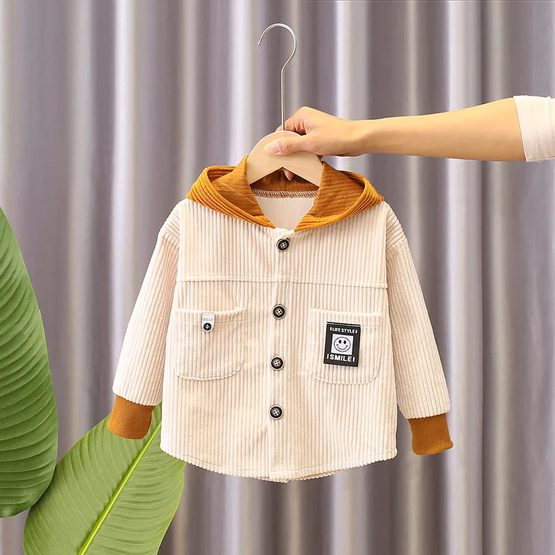 2024New Spring Autumn Children Hooded Coats Korean Style Cardigan Boys Corduroy splicing Loose Jackets Baby Toddler Outwear 0-4Y