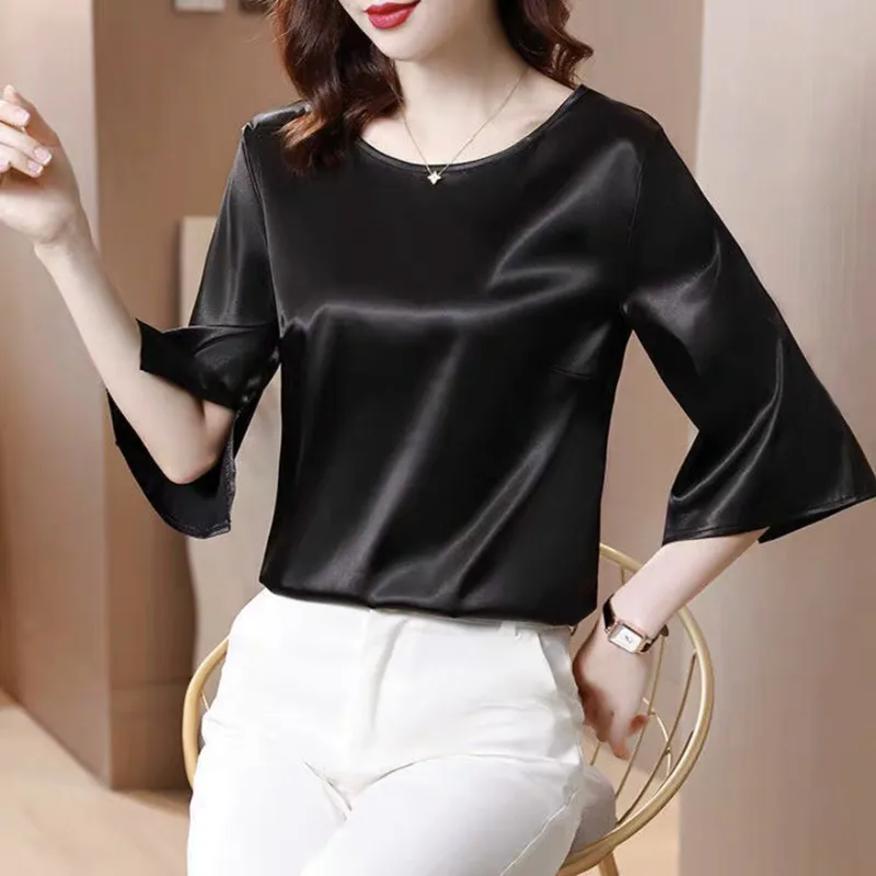 2024 Spring and Autumn New All-match O-neck Three-quarter Flared Sleeve Acetate Satin Blouse tops Basic simple ice silk shirts