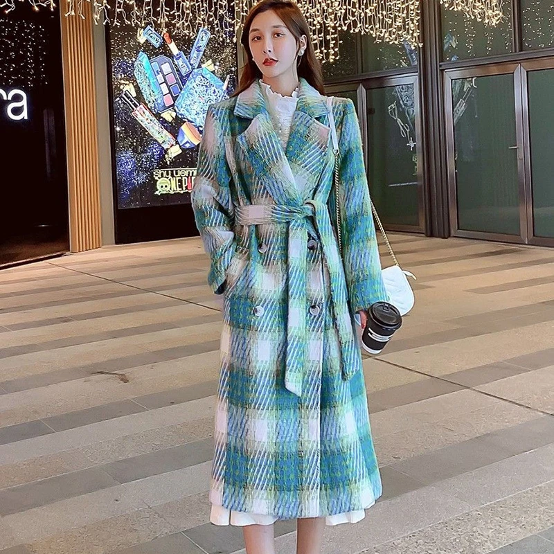 

New Autumn Winter Double Cashmere Jacket Women Overcoat Fashion Long Plaid Tie Waist Suit Collar Woolen Windbreaker Coat Outwear