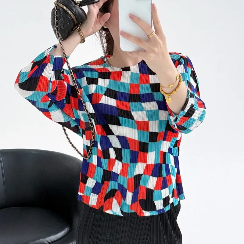 

Плиссированная футболка Miyake 2026: Новинка лета, модный топ с клетчатым принтом, элегантный, эластичный, повседневный, женская одежда без складок