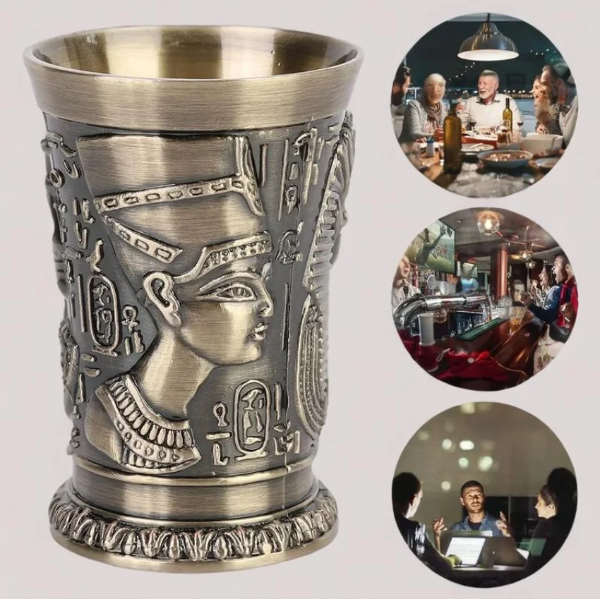 30ML shot glass in metal,with a vintage Egyptian chalice design.Creative wine shot glasses,personalized sip glasses for tequila