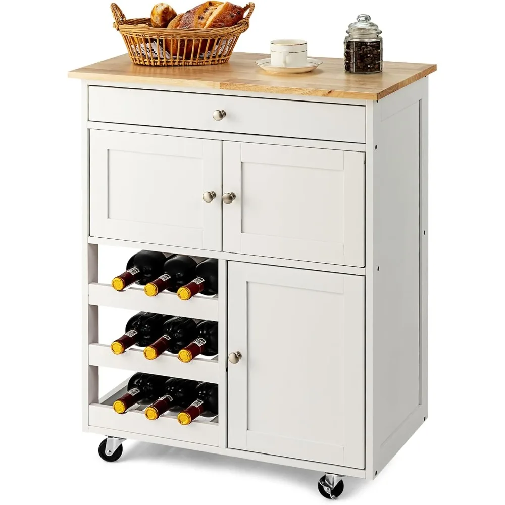 

Kitchen Island Cart, Rolling Kitchen Trolley Cart, Wood Storage Cabinet with Large Drawer, Wine Bottles Rack, Modern Restaurant