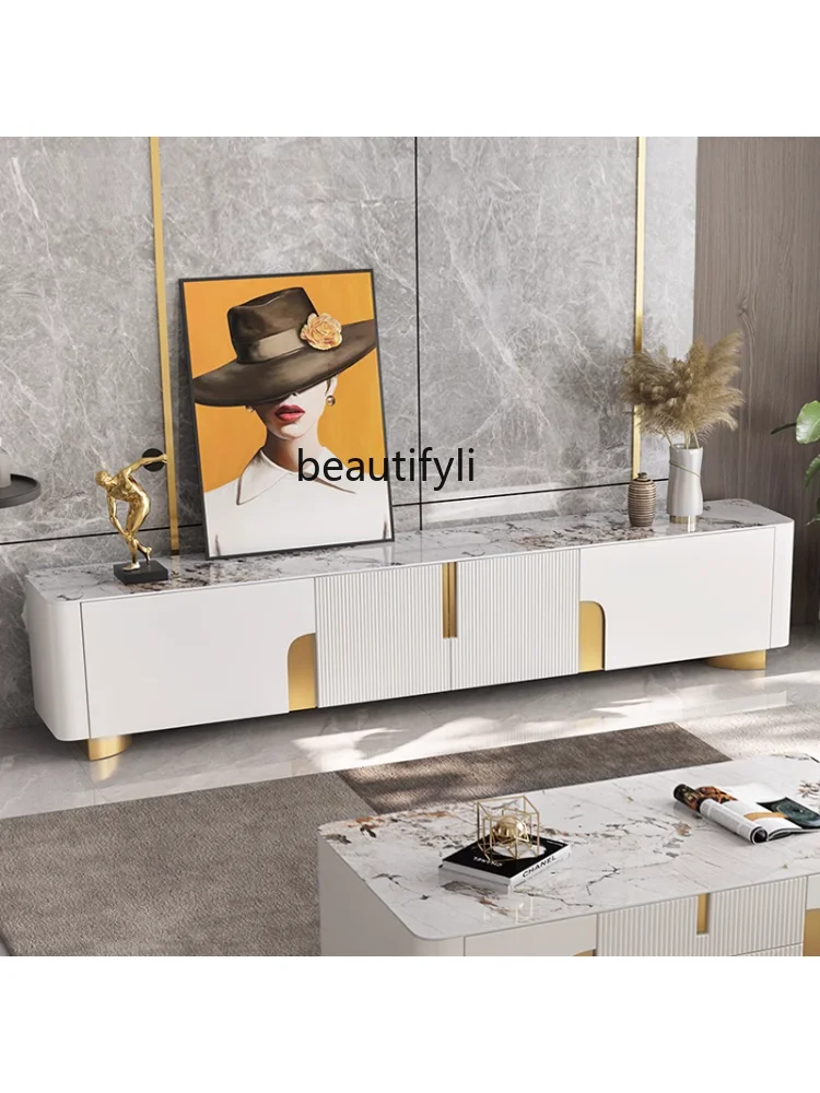 Stone Plate TV Cabinet and Tea Table Combination Large and Small Apartment Type Living Room Home High-Grade Floor Wall Cabinet