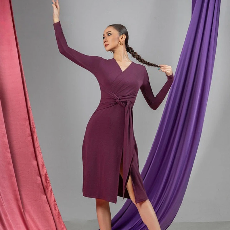 

Платье для бальных танцев с V-образным вырезом и длинными рукавами, для танго, самбы, латиноамериканских танцев, женский костюм для выступлений