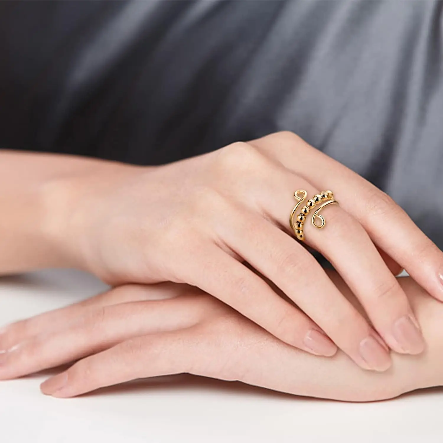 Geschenke für Tochter Fidget Ring, Fidget Ringe für Angstzustände für Frauen, verstellbare Ringe für Frauen Silber (Gold, Goldperle)