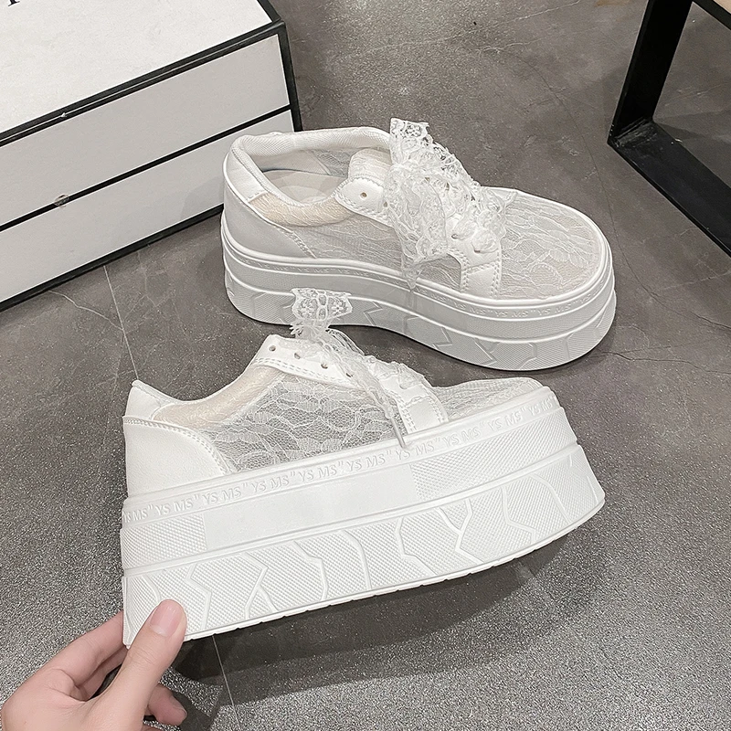 

7.5CM High Platform White Shoes Women New 2025 Summer Breathable Lace Mesh Chunky Sneakers Designer Thick Sole Sports Shoes