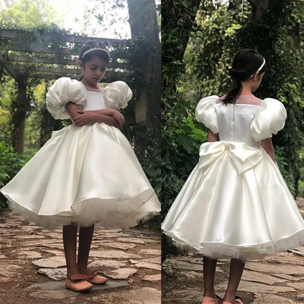 

White Puffy Balloon Sleeve Princess Girl Dress Satin First Communion Kids Birthday Gowns Big Bow Flower Wedding Dress for Teens