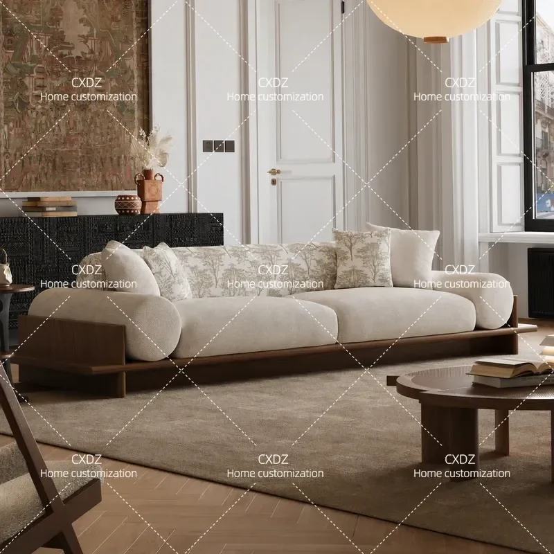 Less work, large apartment living room solid wood floor fabric sofa removable and washable wabi sabi mid-ancient Song-style